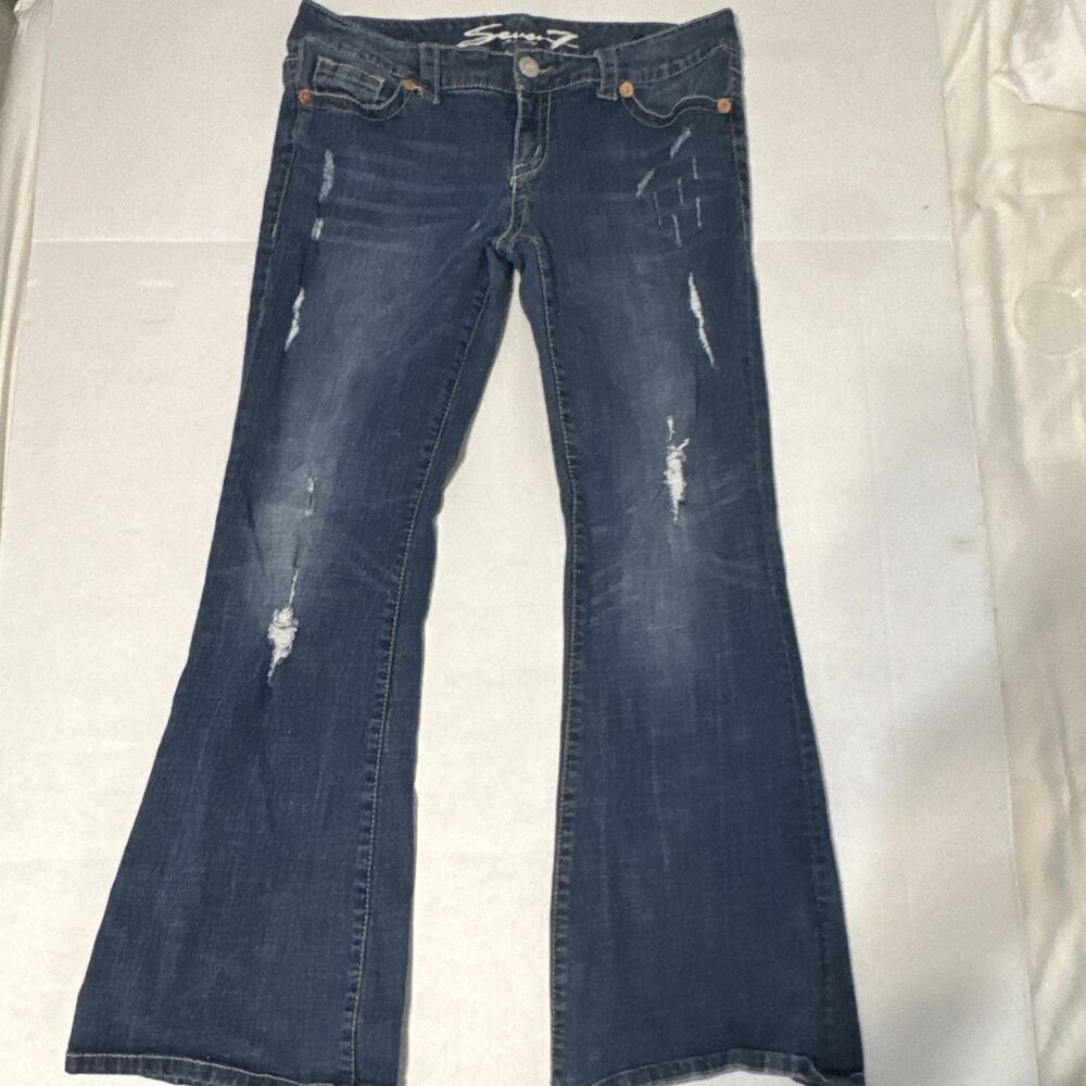 Seven7 Y2K Distressed Flare Jeans Dark Wash